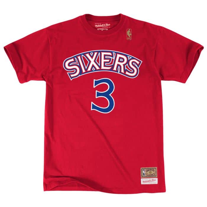 Red Philadelphia 76ers Allen Iverson Hardwood Classics Name & Number T-Shirt - Front View