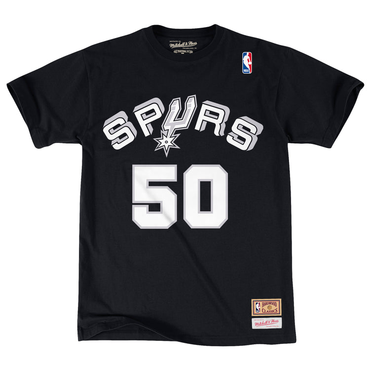 Black San Antonio Spurs David Robinson Hardwood Classics Name & Number T-Shirt - Front View