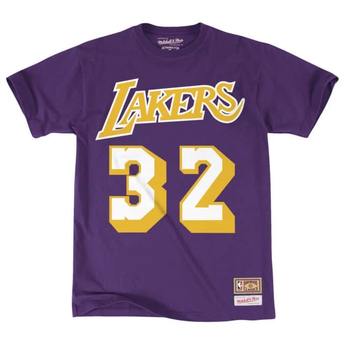Purple Los Angeles Lakers Magic Johnson Hardwood Classics Name & Number T-Shirt - Front View